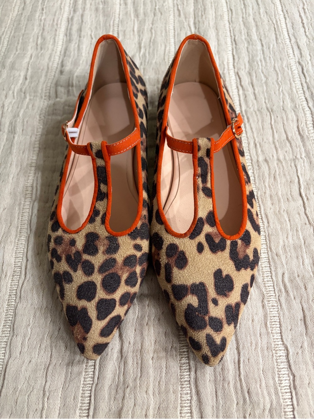 Leopard Print T-Strap Pointed Flats with Orange Trim